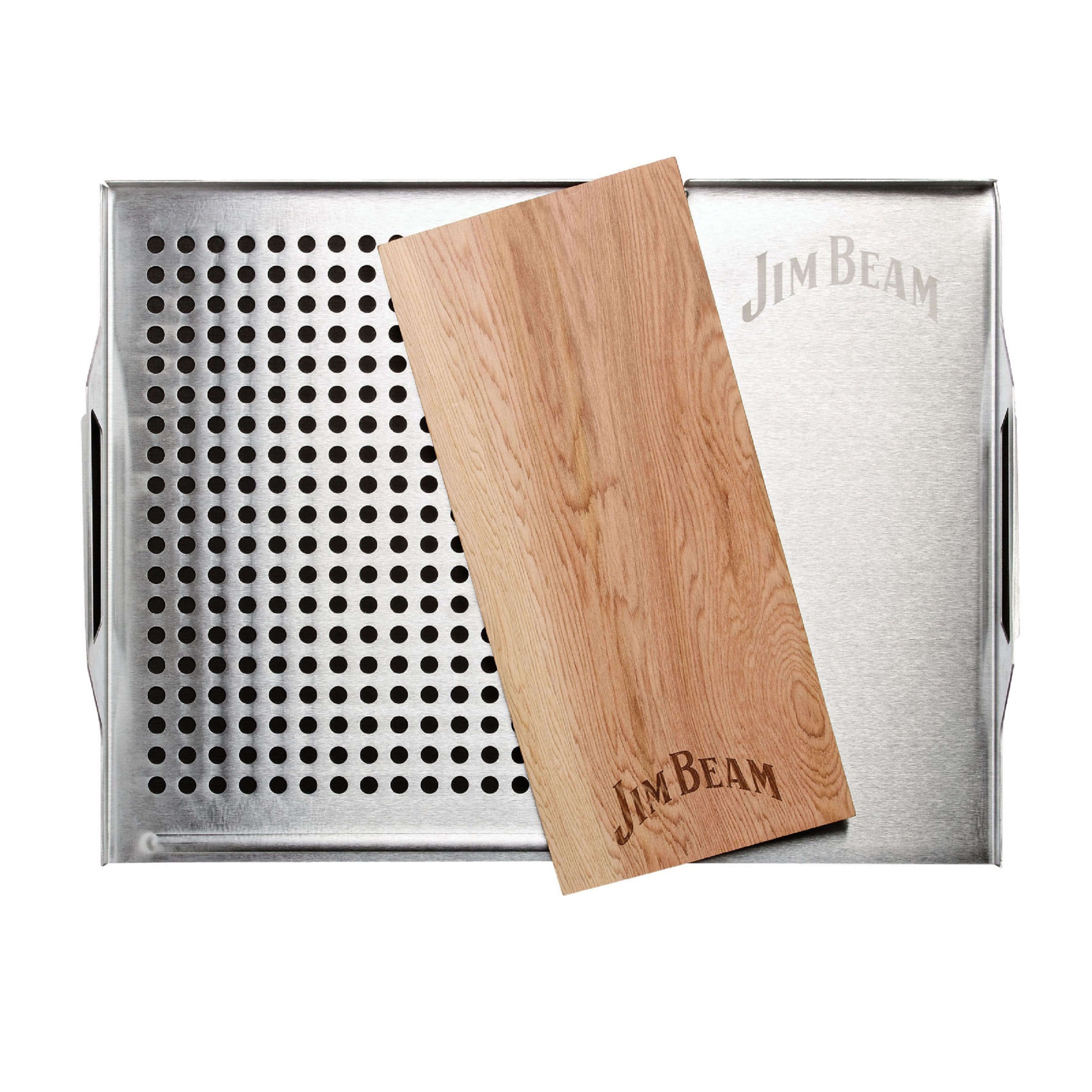 Jim Beam BBQ Zubehör Edelstahl-Platte 59x30cm mit Zedernholz, Räucherbrett, perforierte Auflage, besondere Aroma für Grillgut, Fisch, Gemüse, für jede Küche
