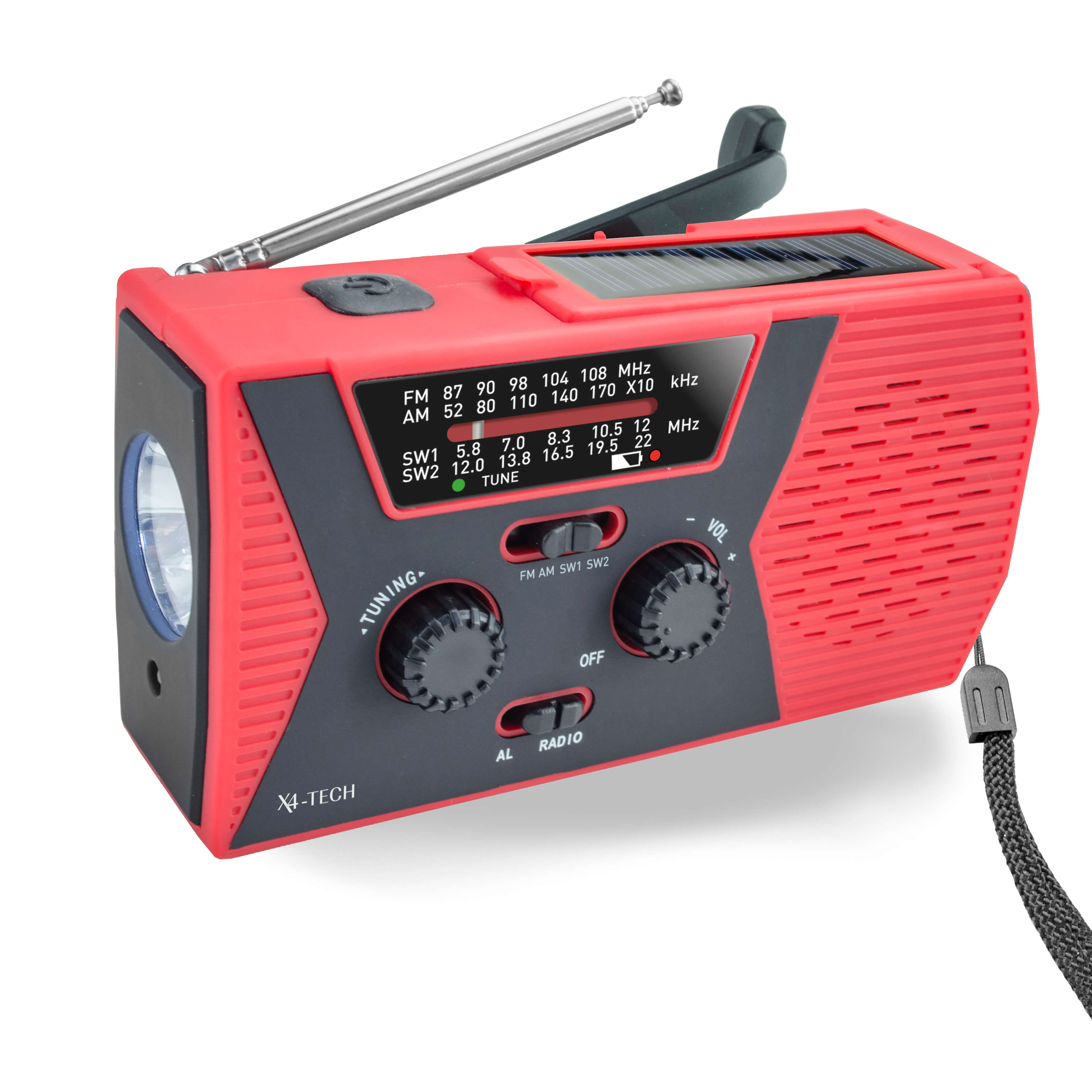 FM/AM Solar-Kurbelradio mit 1W Taschenlampe, IPX3, 6 LEDs Leselampe und Notfallalarm, wiederaufladbar
