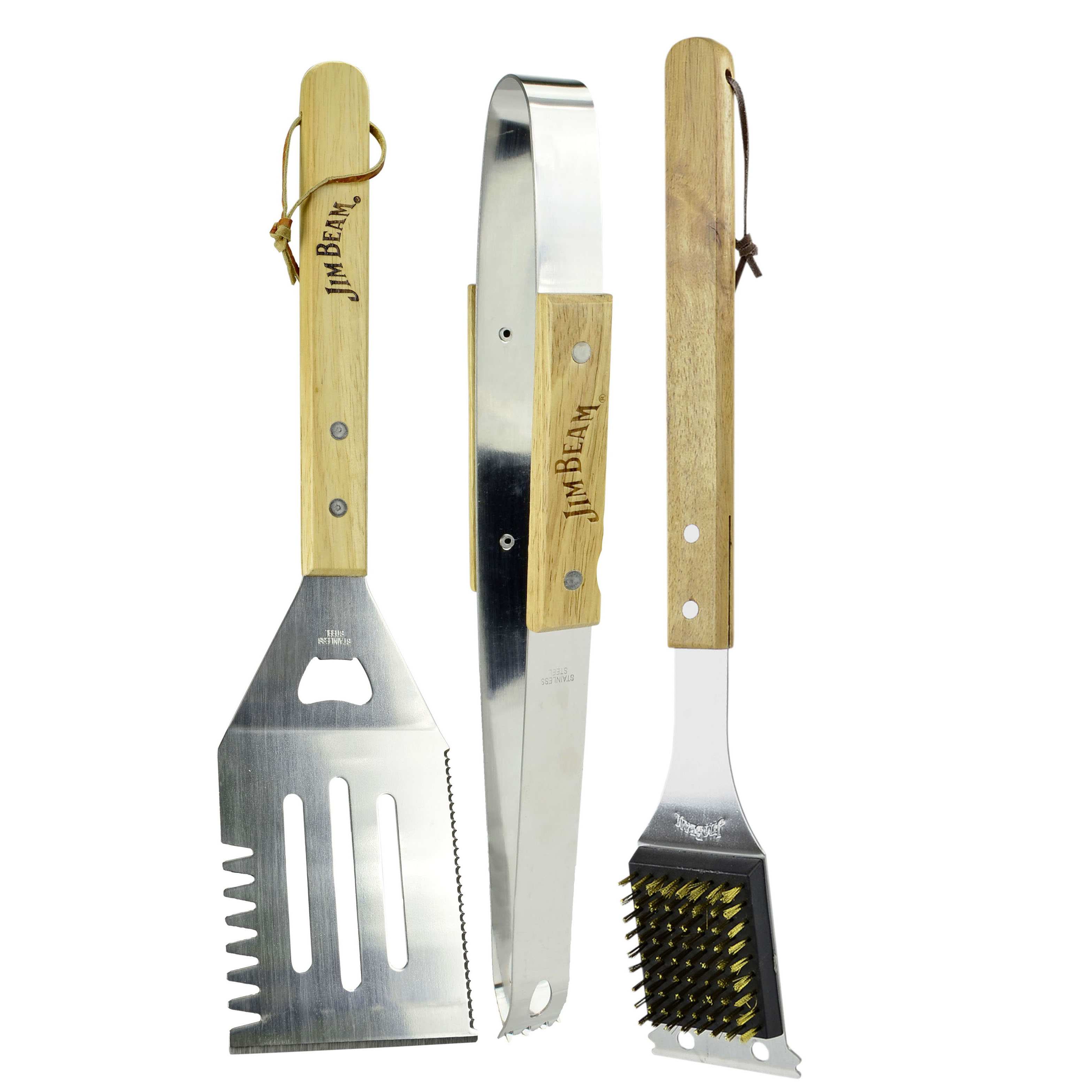 Jim Beam BBQ Zubehör, Grillbesteck 3-tlg. Grillbürste, Grillzange, Grillwender mit Flaschenöffner, rostfreier Edelstahl, Grillzubehör BBQ-Werkzeug