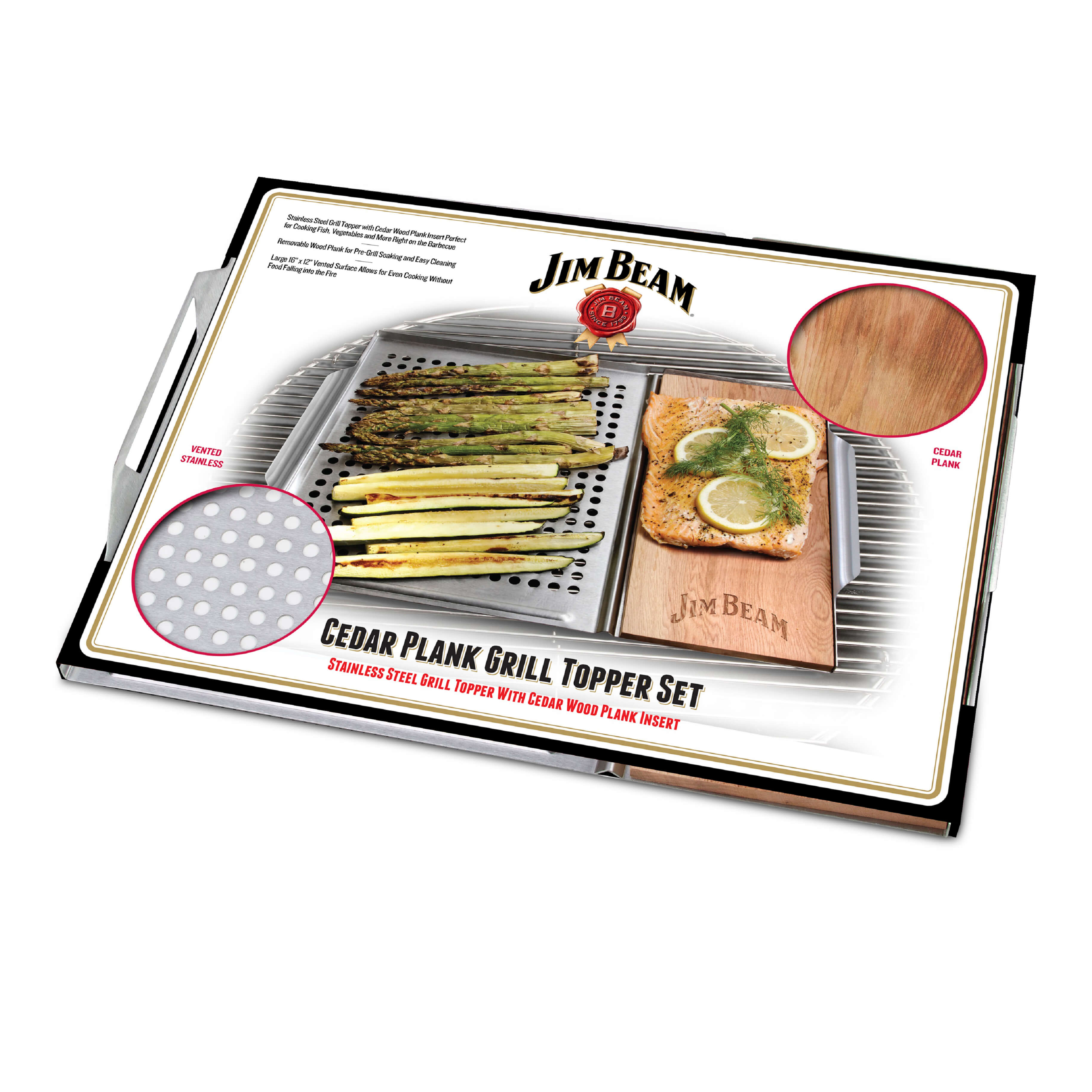 Jim Beam Edelstahl-Platte 59x30cm mit Zedernholz, Räucherbrett, perforierte Auflage, besondere Aroma für Grillgut, Fisch, Gemüse, JB0162