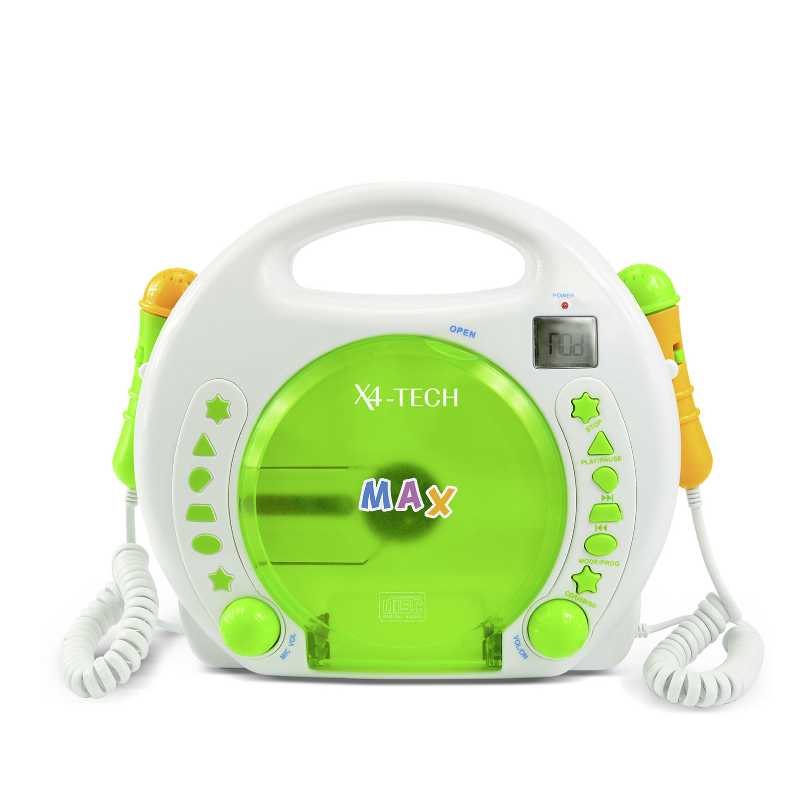 X4-TECH CD Player und Karaoke für Kinder mit 2 Mikrofonen inkl. Sticker-Set, Wiedergabe CD/USB/SD, 2000 mA Akku
