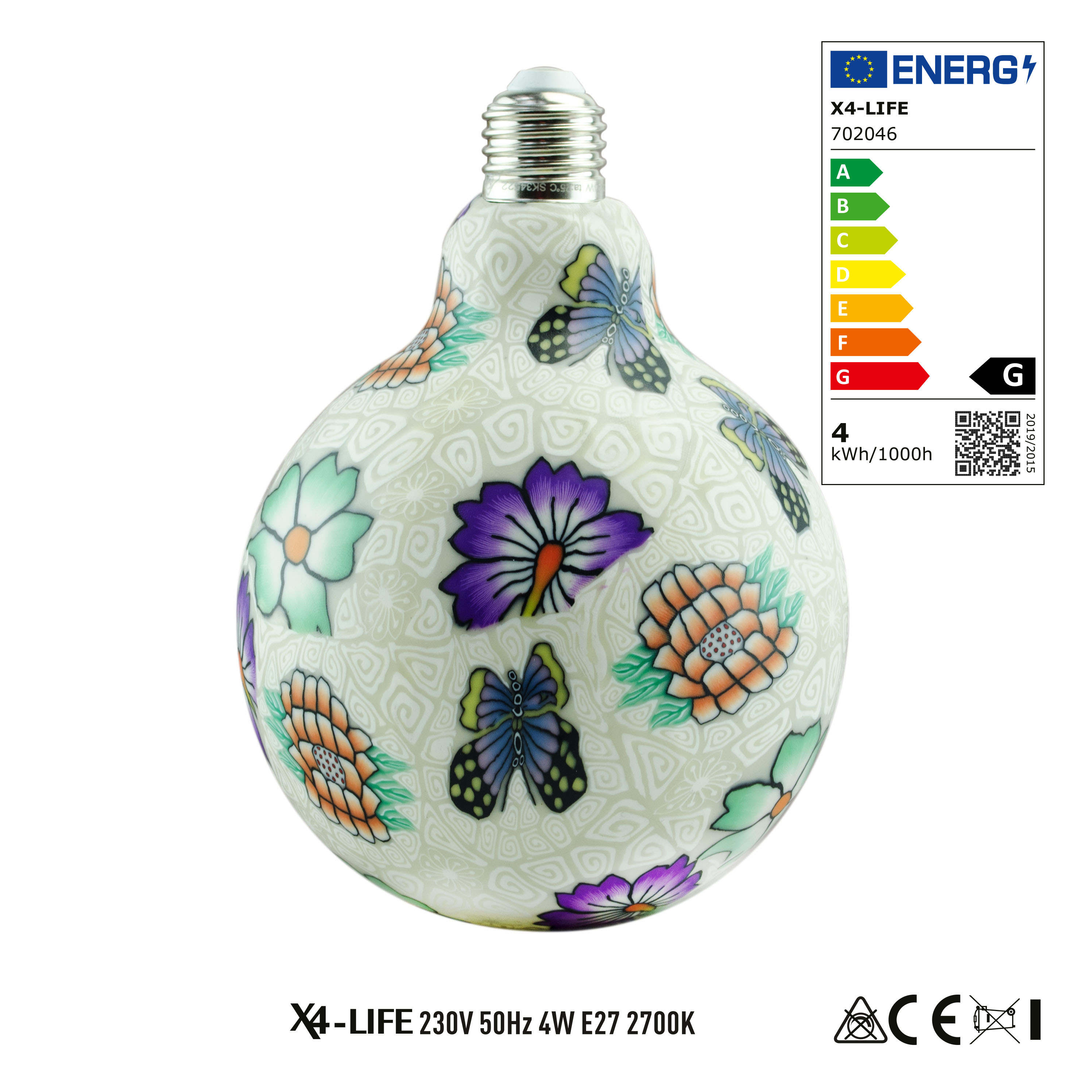 LED Porzellankugel Schmetterlingsmuster E27-Fassung 30 Lumen 4 Watt G125