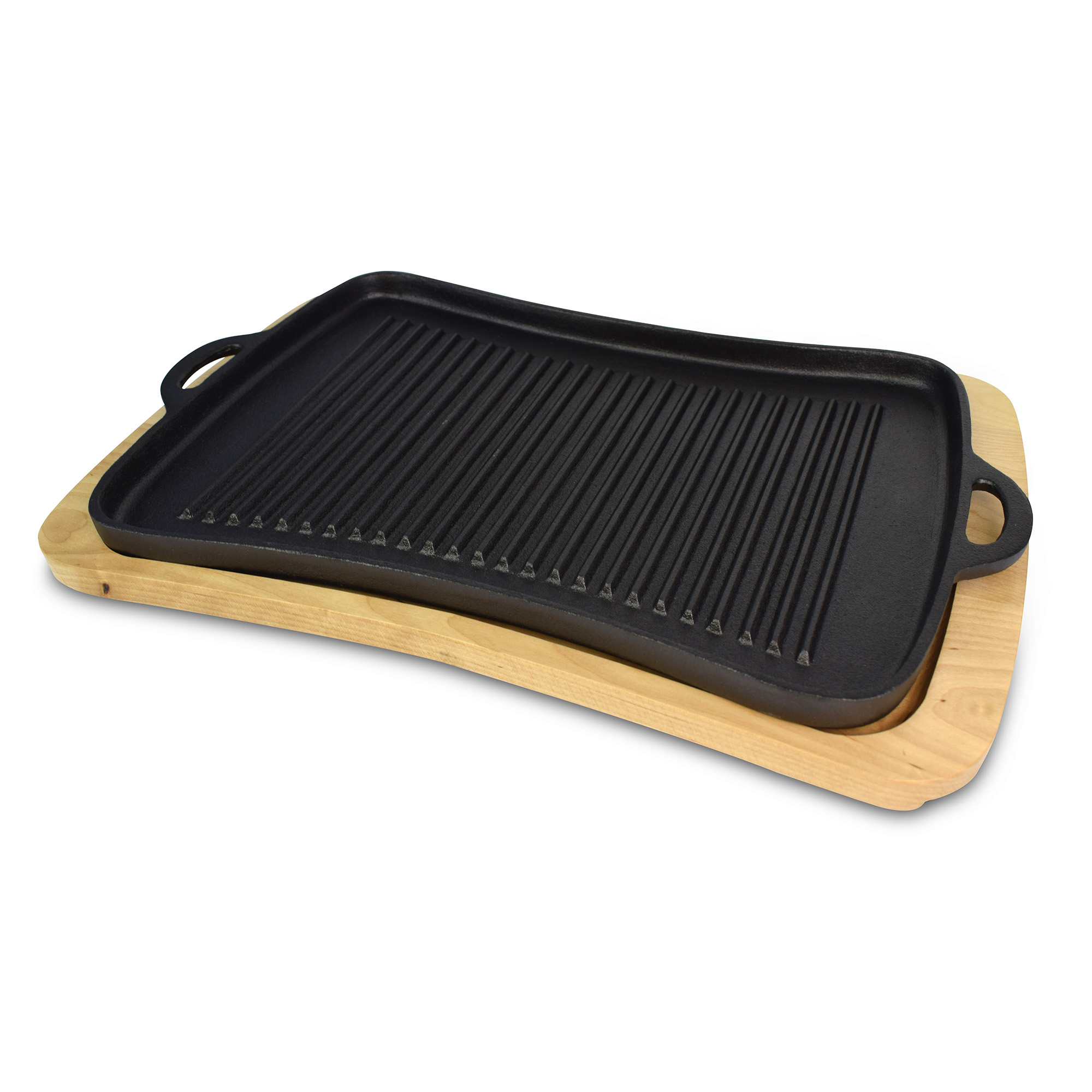 Jim Beam Grillplatte aus Gusseisen mit Holzuntersetzer, gerillter Oberfläche, lange Wärmespeicherung, BBQ Braten und Garen, JB0206