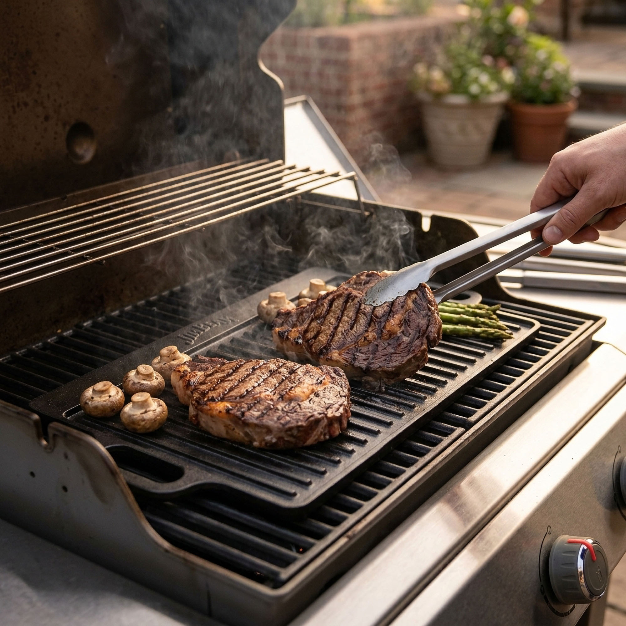 Jim Beam BBQ Zubehör, Gusseiserne Grillplatte, doppelseitig, flache Seite und gerillt, gute Wärmeverteilung, 51cm breit, Küchenzubehör oder für den Grill