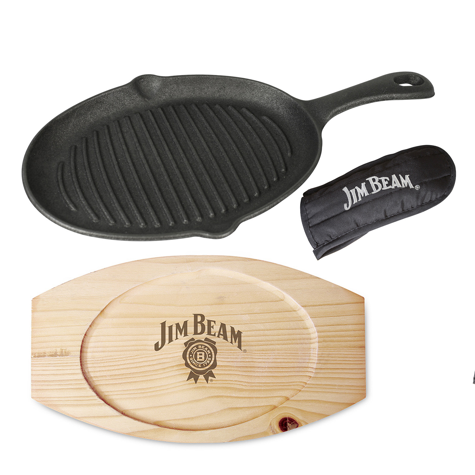 Jim Beam 4er-Set Gusseisenpfannen mit Holzsockel und Griffhandschuh, emailliertes Gusseisen, für Grill, Offen, Induktionsherd, JB0159